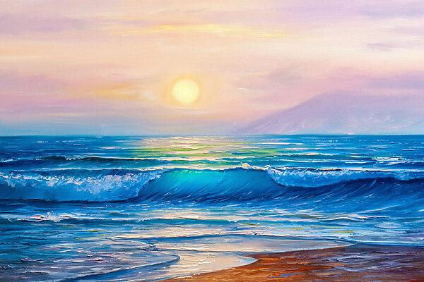 Ein Gemälde von einem Strand mit Wellen und einem Sonnenuntergang Ein Gemälde von einem Strand mit Wellen und einem Sonnenuntergang