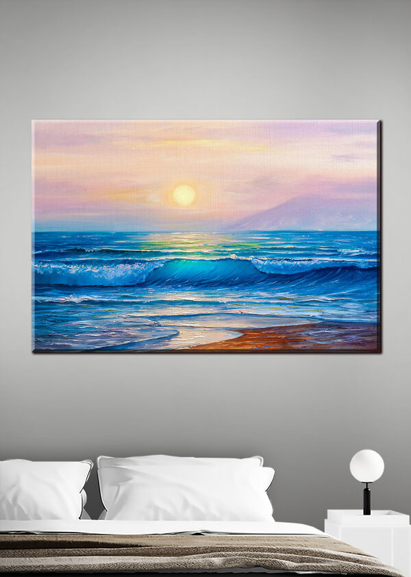 Ein Gemälde von einem Strand mit Wellen und einem Sonnenuntergang Ein Gemälde von einem Strand mit Wellen und einem Sonnenuntergang