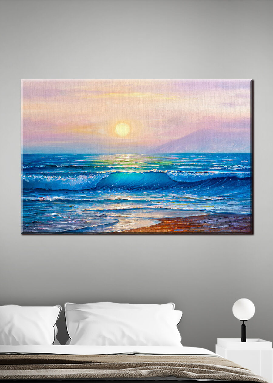 Wandbilder Ein Gemälde von einem Strand mit Wellen und einem Sonnenuntergang