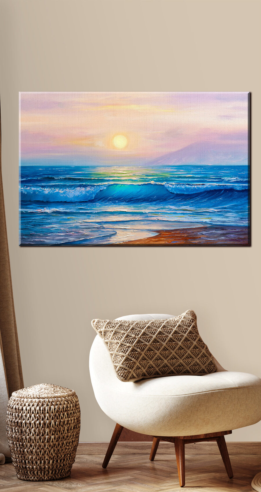 Wandbilder Ein Gemälde von einem Strand mit Wellen und einem Sonnenuntergang – Bild 2