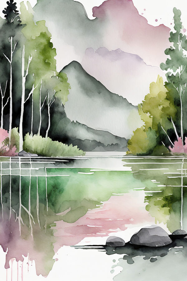 Aquarellmalerei eines Sees mit Bäumen und Bergen im Hintergrund Aquarellmalerei eines Sees mit Bäumen und Bergen im Hintergrund
