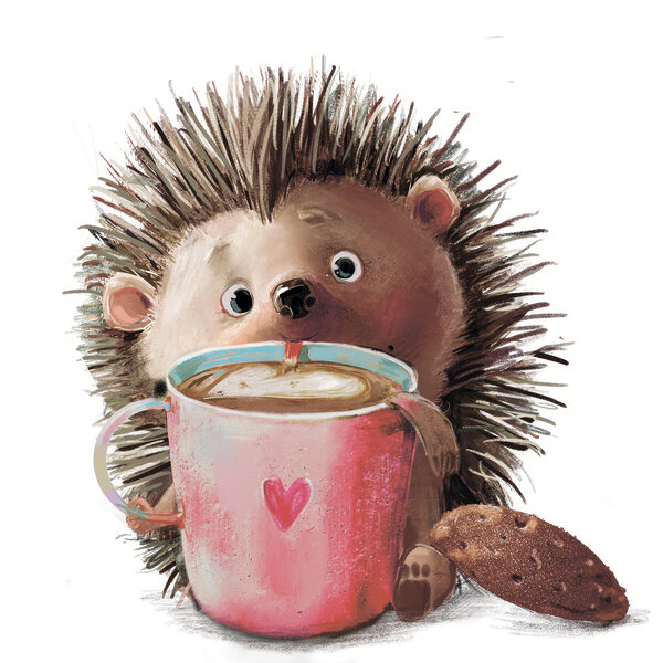 A hedgehog holding a cup of coffee
