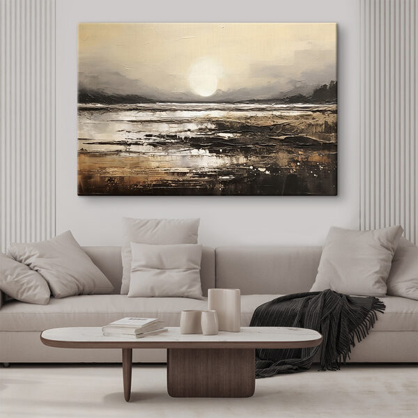 Ein Gemälde von einem Strand mit der Sonne im Hintergrund Ein Gemälde von einem Strand mit der Sonne im Hintergrund