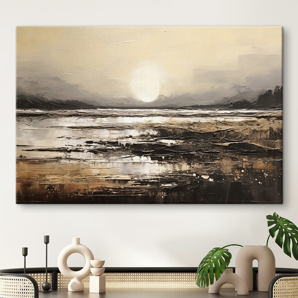 A painting of a beach with the sun in the background
