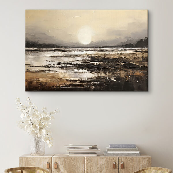 Ein Gemälde von einem Strand mit der Sonne im Hintergrund Ein Gemälde von einem Strand mit der Sonne im Hintergrund