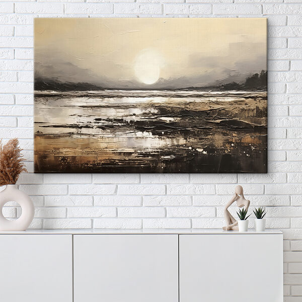 Ein Gemälde von einem Strand mit der Sonne im Hintergrund Ein Gemälde von einem Strand mit der Sonne im Hintergrund