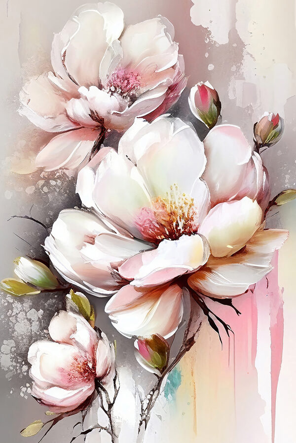 Ein Gemälde mit Blumen auf einer weißen Fläche Ein Gemälde mit Blumen auf einer weißen Fläche