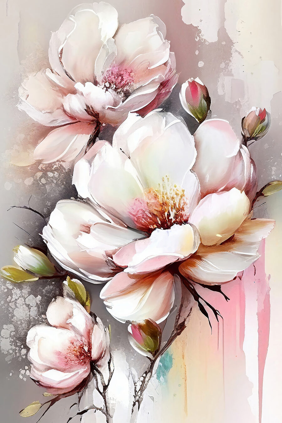 Ein Gemälde mit Blumen auf einer weißen Fläche Ein Gemälde mit Blumen auf einer weißen Fläche