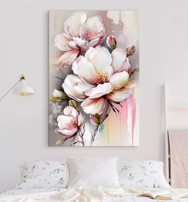 Ein Gemälde mit Blumen auf einer weißen Fläche Ein Gemälde mit Blumen auf einer weißen Fläche