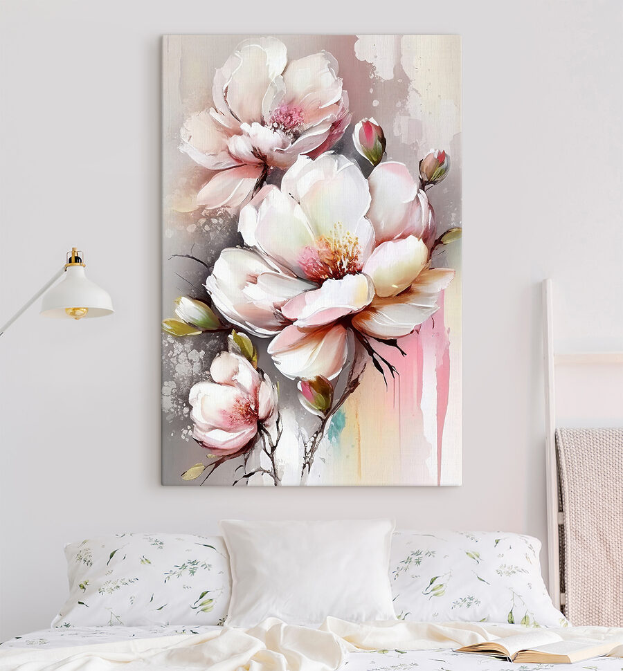 Ein Gemälde mit Blumen auf einer weißen Fläche Ein Gemälde mit Blumen auf einer weißen Fläche