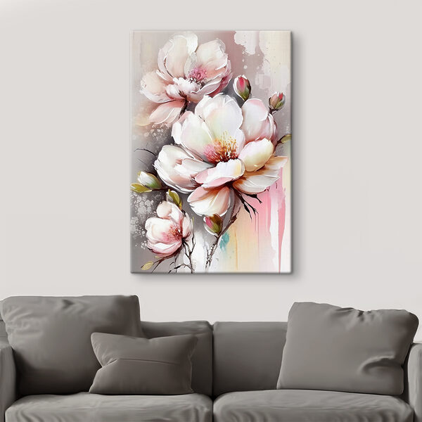 Ein Gemälde mit Blumen auf einer weißen Fläche Ein Gemälde mit Blumen auf einer weißen Fläche