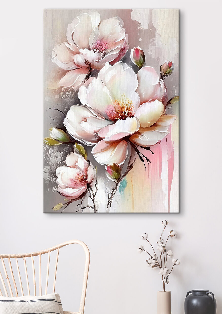 Ein Gemälde mit Blumen auf einer weißen Fläche Ein Gemälde mit Blumen auf einer weißen Fläche