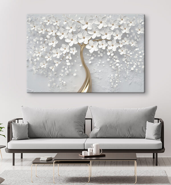 Ein Baum mit weißen Blüten und Blättern Ein Baum mit weißen Blüten und Blättern