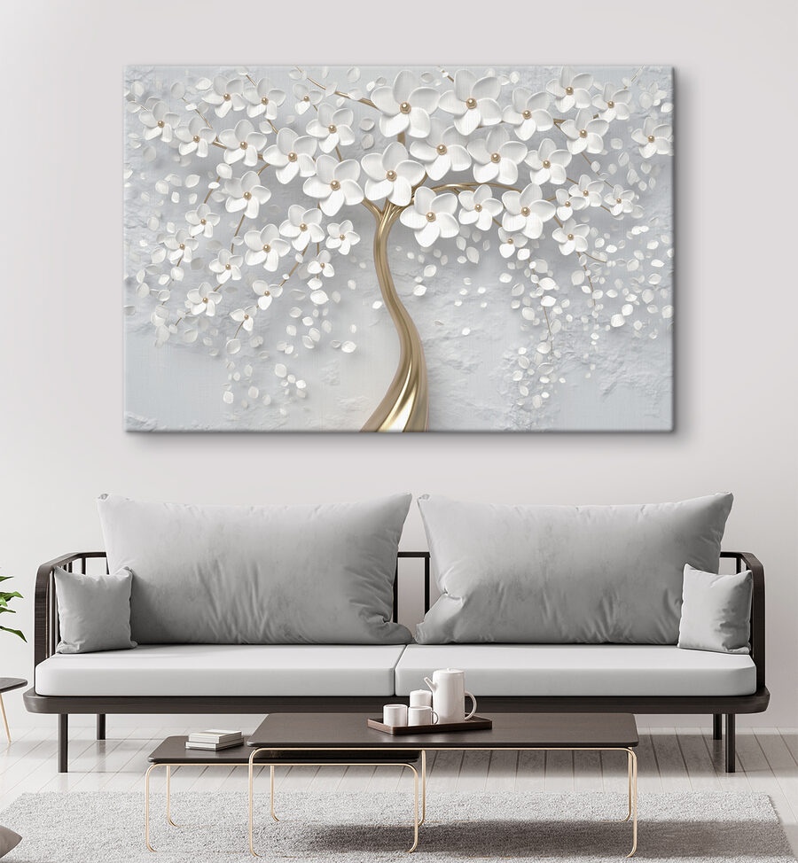 Ein Baum mit weißen Blüten und Blättern Ein Baum mit weißen Blüten und Blättern