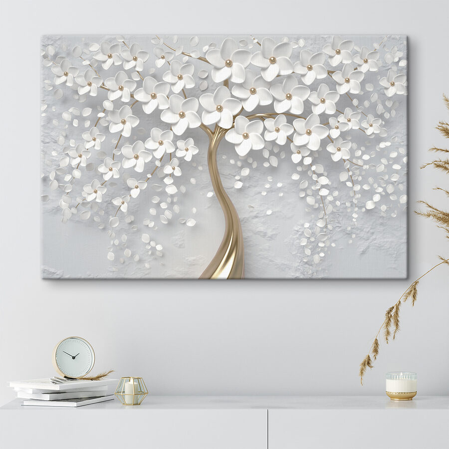 Ein Baum mit weißen Blüten und Blättern Ein Baum mit weißen Blüten und Blättern