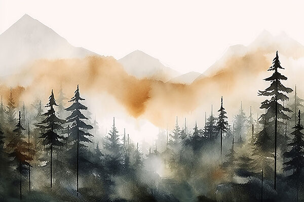 A watercolor of a forest with mountains in the background A watercolor of a forest with mountains in the background