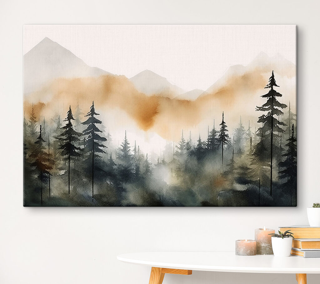 A watercolor of a forest with mountains in the background A watercolor of a forest with mountains in the background