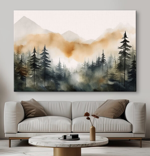 A watercolor of a forest with mountains in the background A watercolor of a forest with mountains in the background
