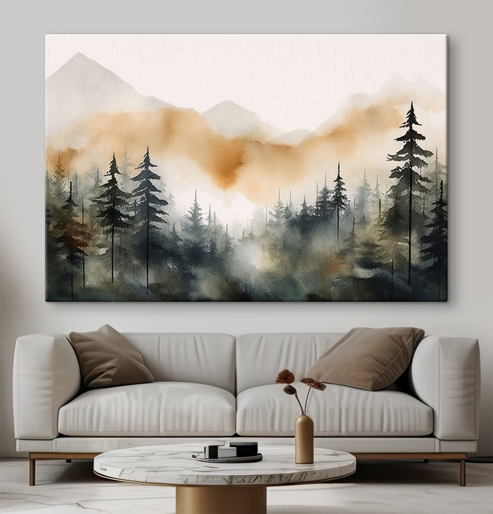 A watercolor of a forest with mountains in the background A watercolor of a forest with mountains in the background