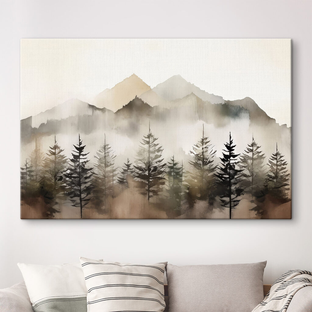 A foggy mountain range with trees