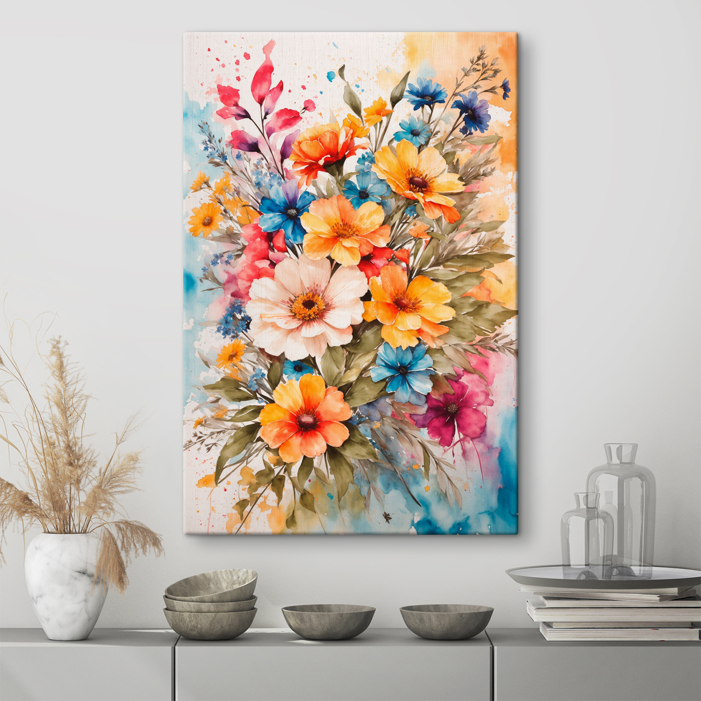A painting of flowers on a white surface A painting of flowers on a white surface