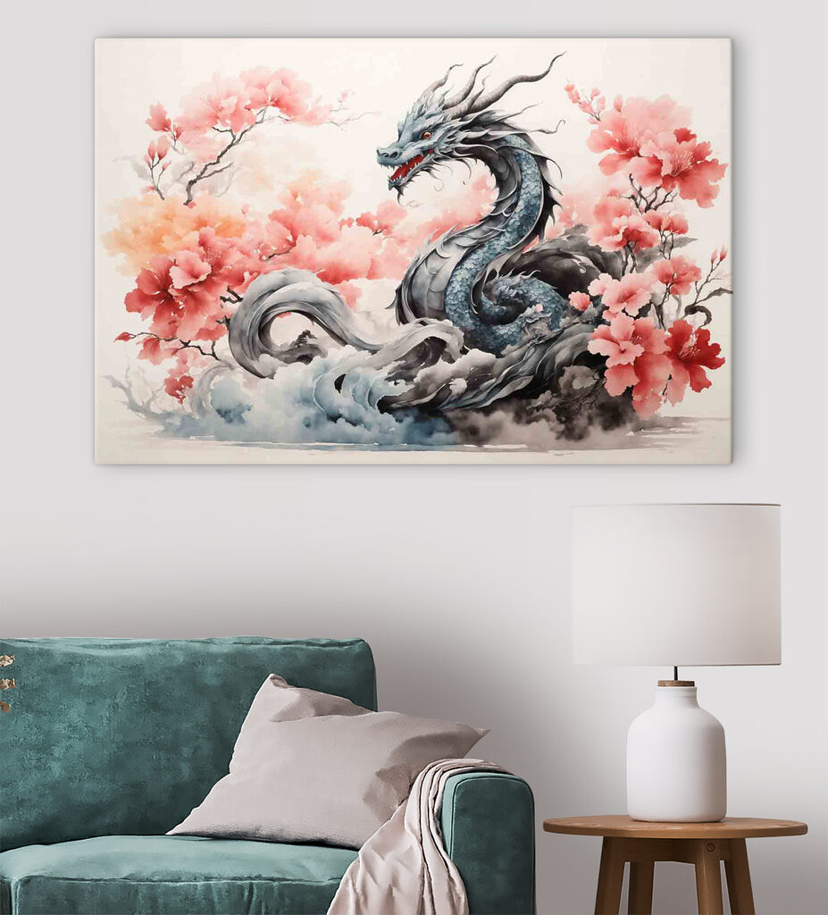 A dragon with pink flowers