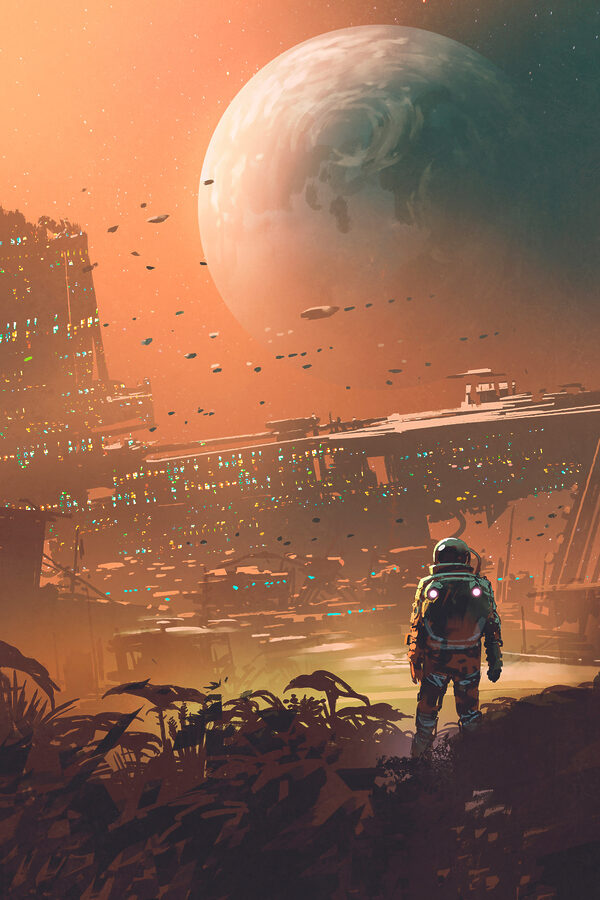 Ein Astronaut, der durch eine Stadt läuft Ein Astronaut, der durch eine Stadt läuft