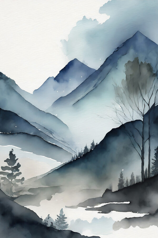 Aquarell einer Bergkette mit Bäumen und Nebel Aquarell einer Bergkette mit Bäumen und Nebel