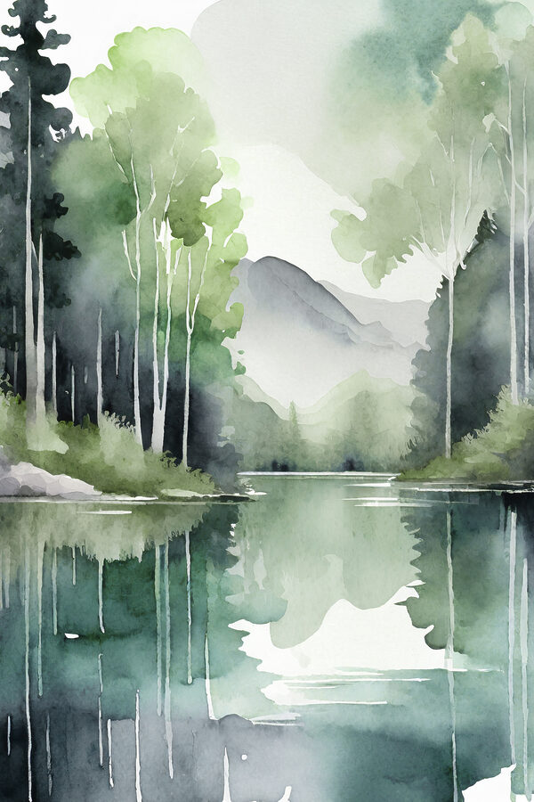 Aquarell eines von Bäumen und Bergen umgebenen Sees Aquarell eines von Bäumen und Bergen umgebenen Sees
