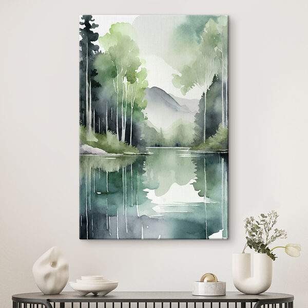 Aquarell eines von Bäumen und Bergen umgebenen Sees Aquarell eines von Bäumen und Bergen umgebenen Sees