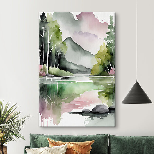 Aquarellmalerei eines Sees mit Bäumen und Bergen im Hintergrund Aquarellmalerei eines Sees mit Bäumen und Bergen im Hintergrund