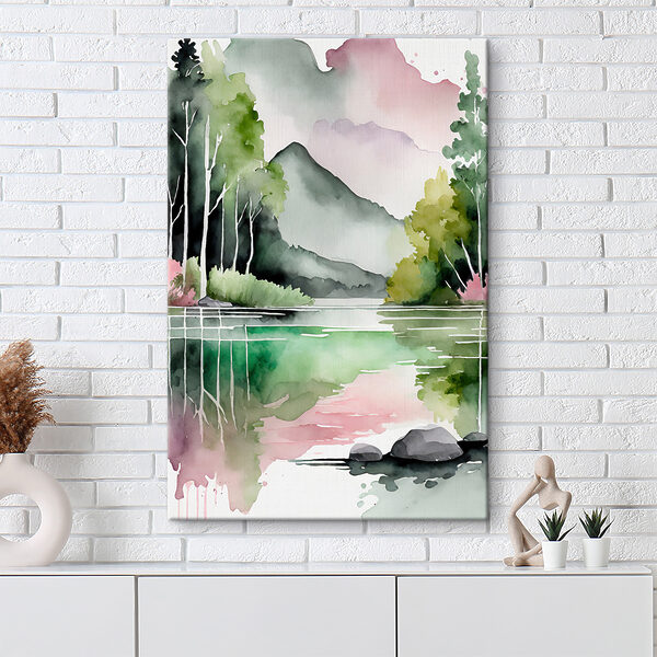 Aquarellmalerei eines Sees mit Bäumen und Bergen im Hintergrund Aquarellmalerei eines Sees mit Bäumen und Bergen im Hintergrund