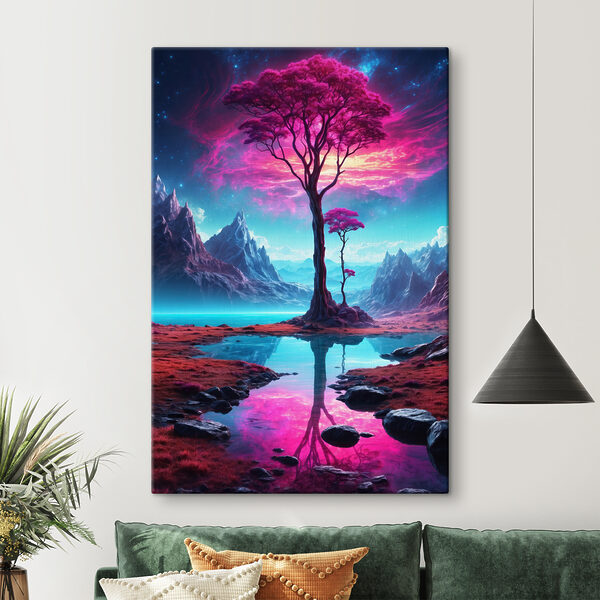 Eine Landschaft mit einem Baum und Bergen Wandbilder Eine Landschaft mit einem Baum und Bergen