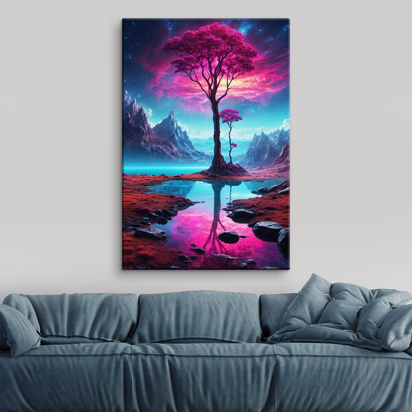 A landscape with a tree and mountains