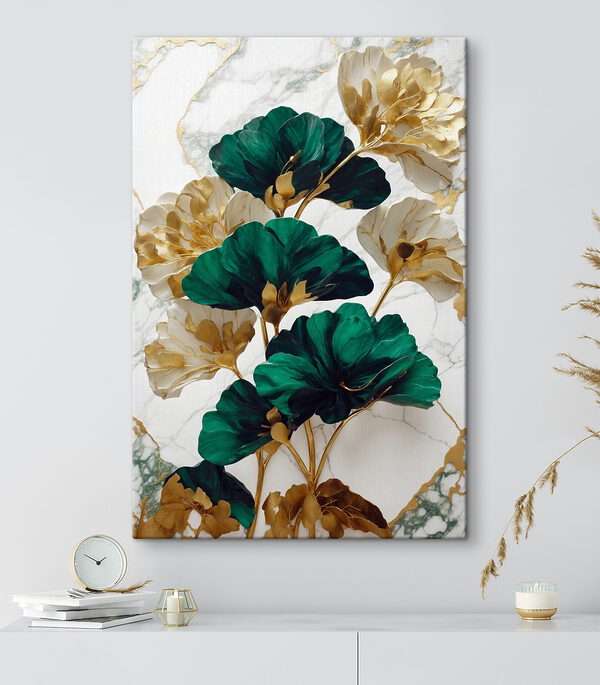 Eine grüne und weiße Blume auf einer Marmoroberfläche Eine grüne und weiße Blume auf einer Marmoroberfläche