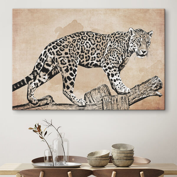 Eine Zeichnung eines Leoparden, der auf einem Baumstamm läuft Eine Zeichnung eines Leoparden, der auf einem Baumstamm läuft