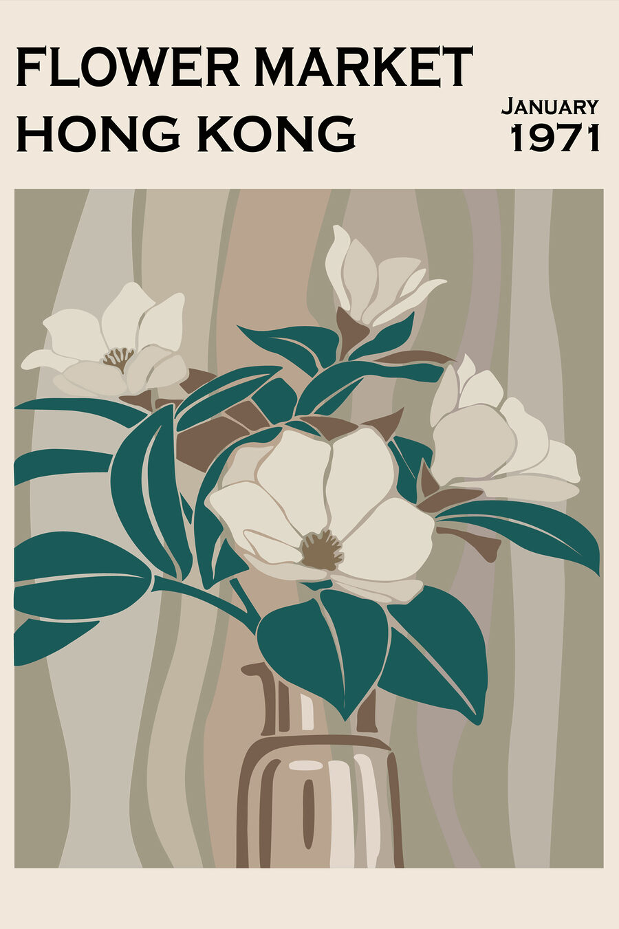 Eine Vase mit Blumen und Blättern