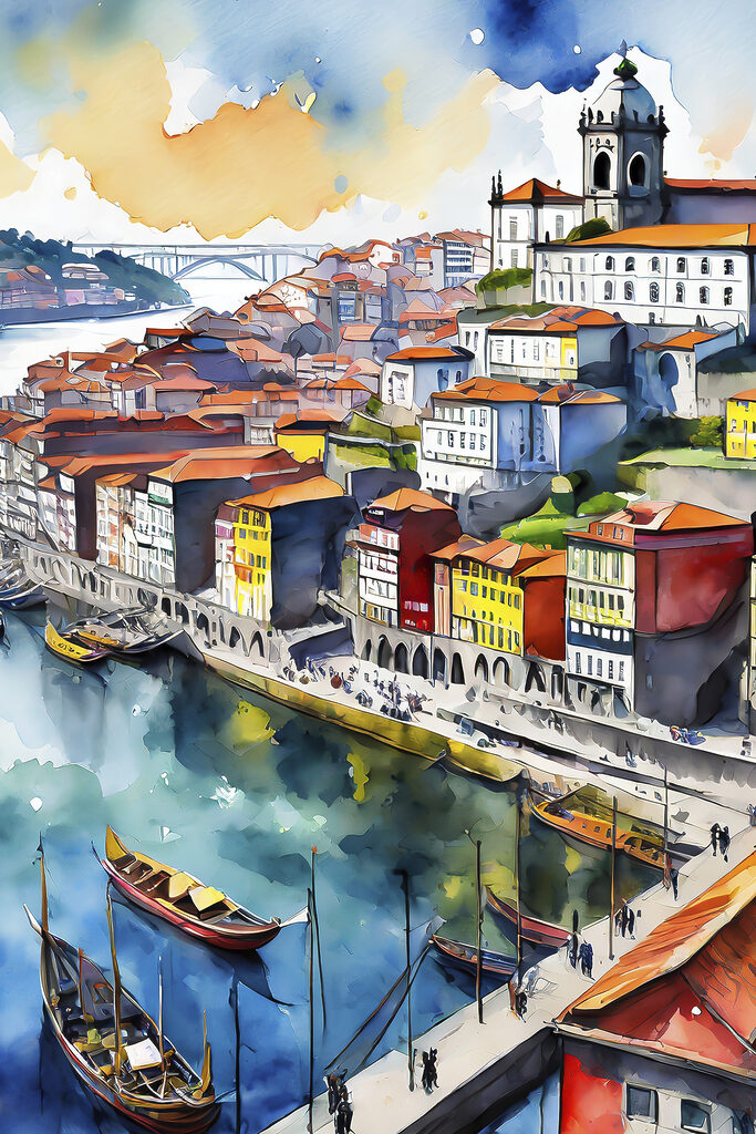 Watercolor of a city with boats and a bridge