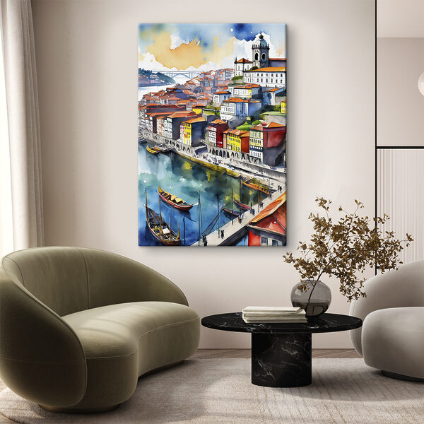Aquarell einer Stadt mit Booten und einer Brücke Aquarell einer Stadt mit Booten und einer Brücke