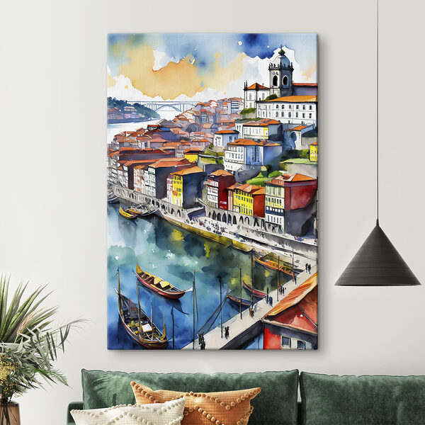 Aquarell einer Stadt mit Booten und einer Brücke Aquarell einer Stadt mit Booten und einer Brücke