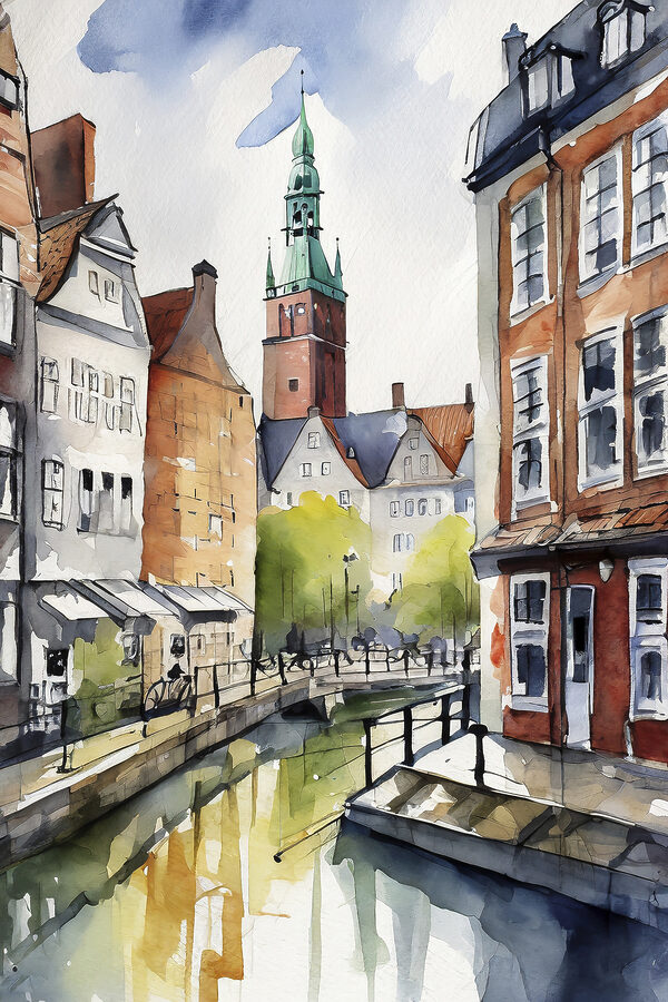 Watercolor of a canal with buildings and a tower Watercolor of a canal with buildings and a tower