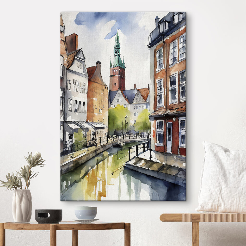 Watercolor of a canal with buildings and a tower Watercolor of a canal with buildings and a tower
