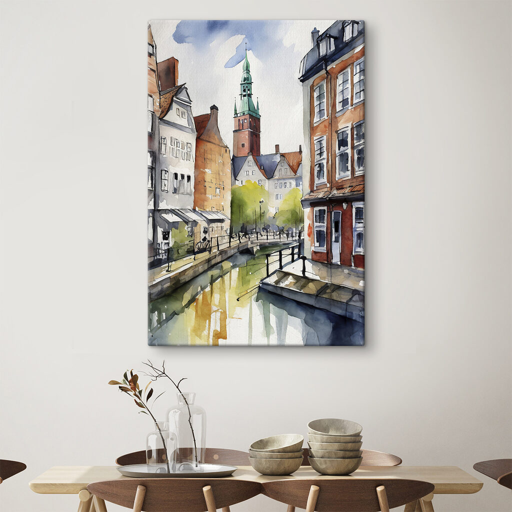 Watercolor of a canal with buildings and a tower Watercolor of a canal with buildings and a tower