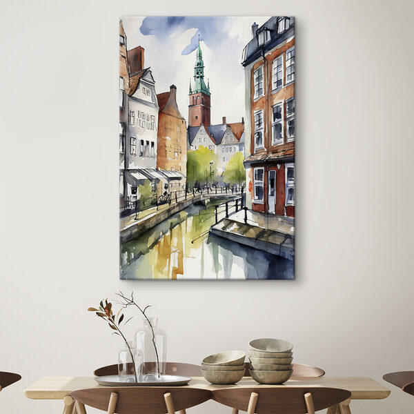 Watercolor of a canal with buildings and a tower Watercolor of a canal with buildings and a tower
