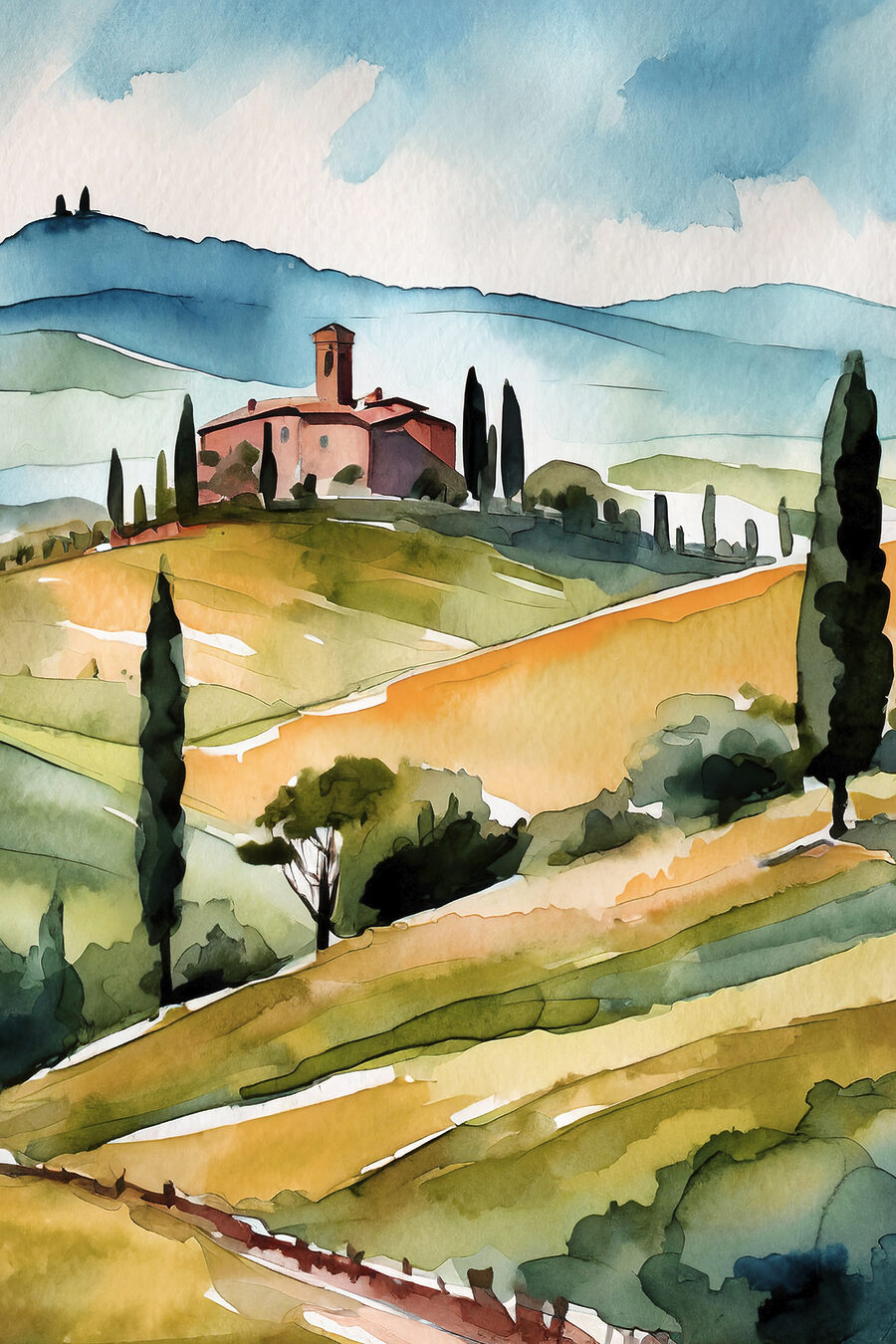 Aquarell eines Hauses auf einem Hügel mit Bäumen und Hügeln