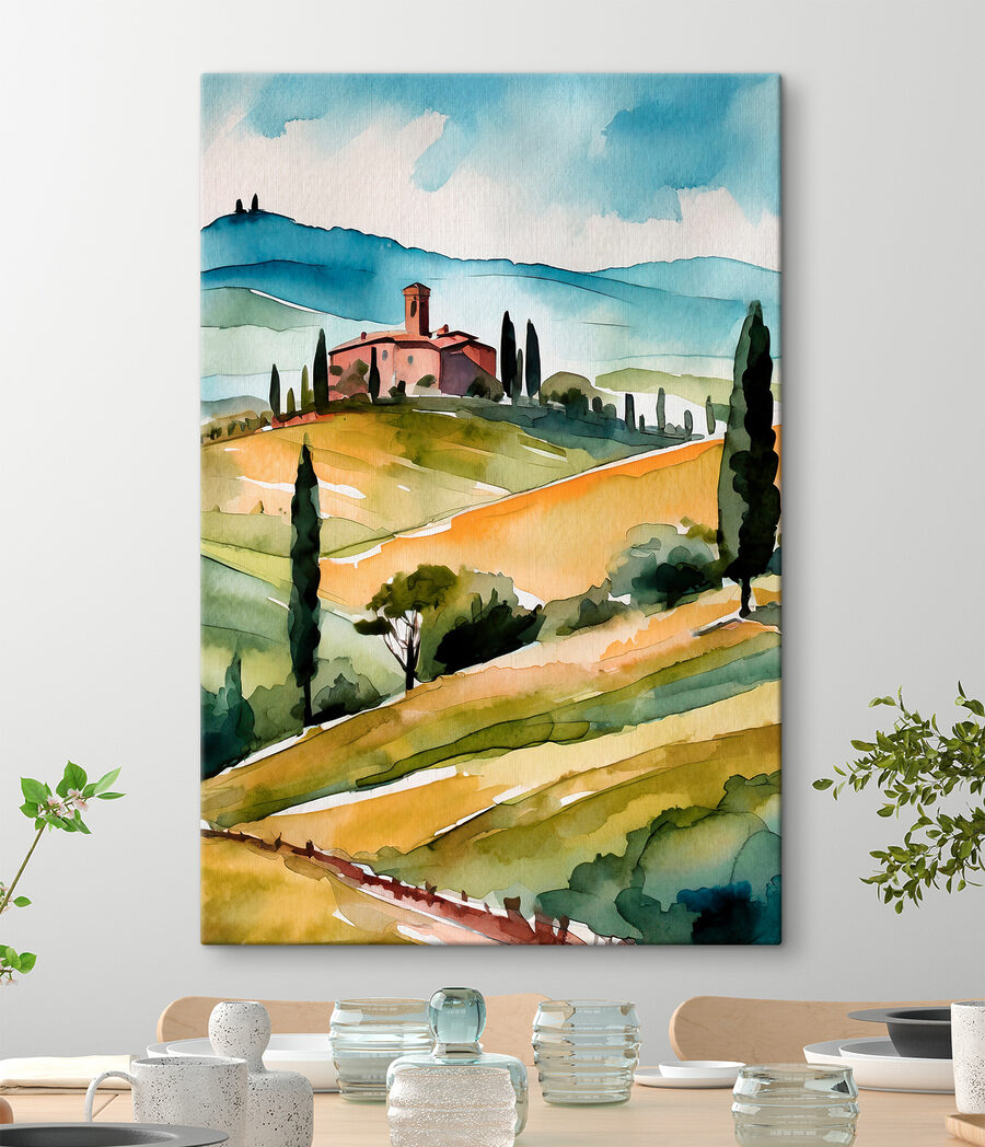 Aquarell eines Hauses auf einem Hügel mit Bäumen und Hügeln