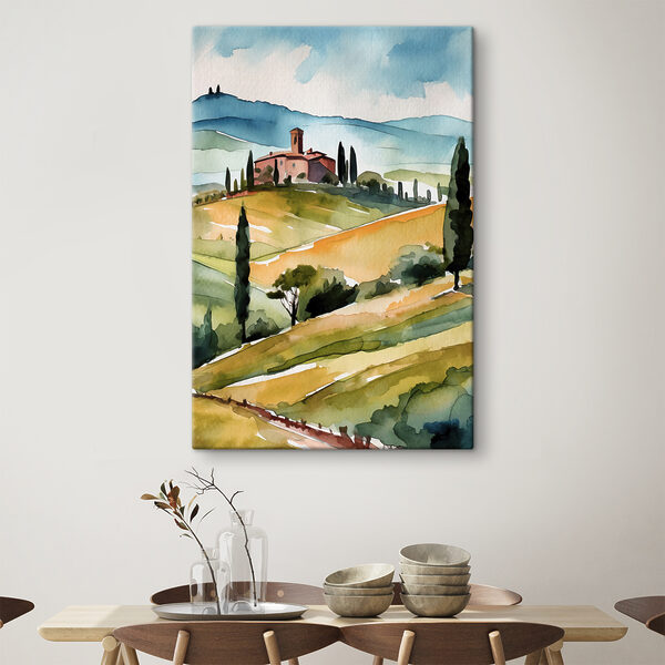 Aquarell eines Hauses auf einem Hügel mit Bäumen und Hügeln Aquarell eines Hauses auf einem Hügel mit Bäumen und Hügeln
