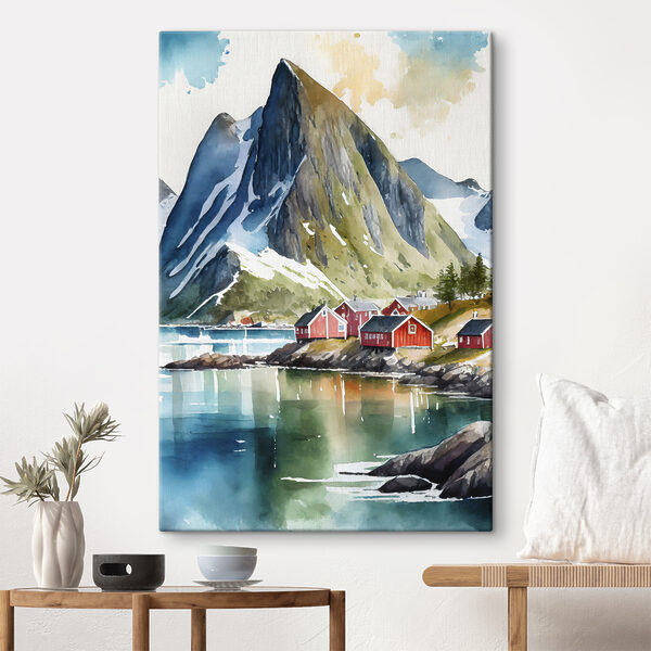 Aquarell eines Dorfes an einem See und Bergen Aquarell eines Dorfes an einem See und Bergen