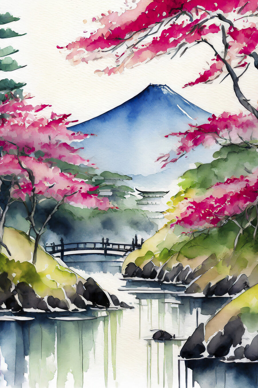 Aquarellmalerei eines Berges und Bäume mit rosa Blumen