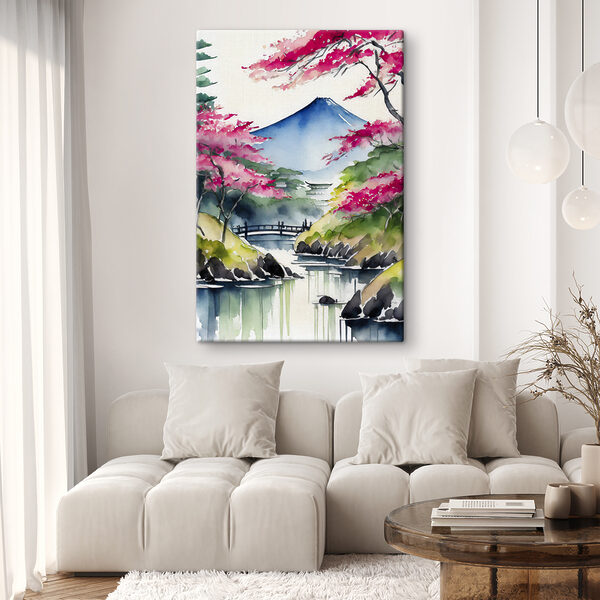 Aquarellmalerei eines Berges und Bäume mit rosa Blumen Aquarellmalerei eines Berges und Bäume mit rosa Blumen